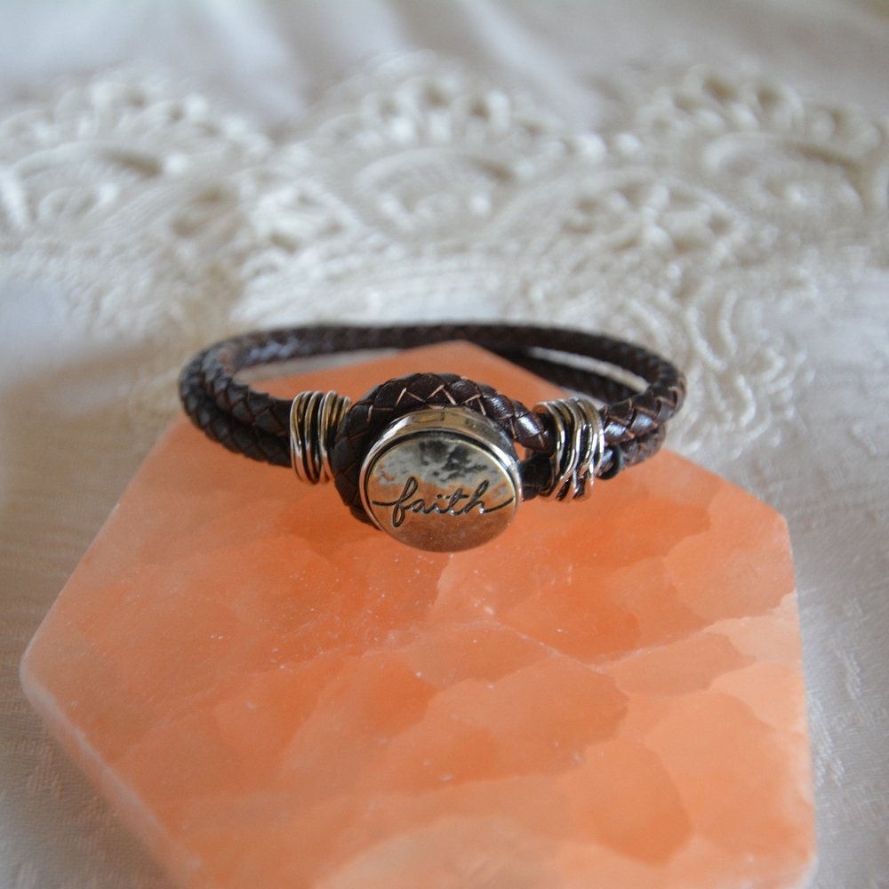 Women's Leather Double Braided Faith Bracelet.
